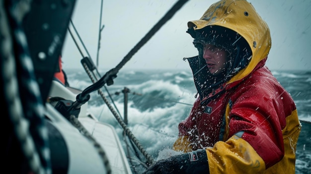 Foto en tiempos de mares agitados y clima tormentoso el bosun permanece tranquilo y concentrado liderando a su equipo con