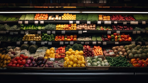 Una tienda de abarrotes con una exhibición de frutas y verduras.