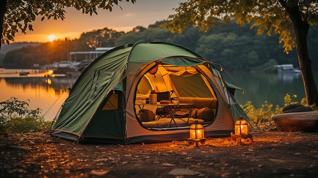 una tienda para acampar en un bosque junto al río