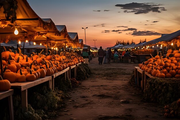 Tienda de calabazas en el mercado de agricultores durante la temporada de Halloween