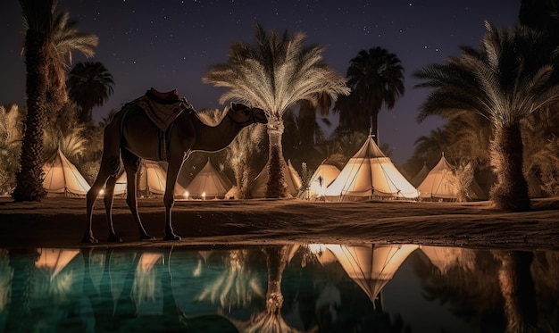 Una tienda y un camello en el desierto por la noche.