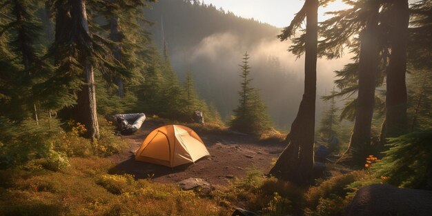 Una tienda de campaña en el bosque con el sol brillando sobre ella.