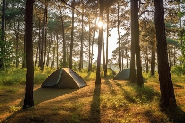 Una tienda de campaña en el bosque con el sol brillando a través de los árboles.