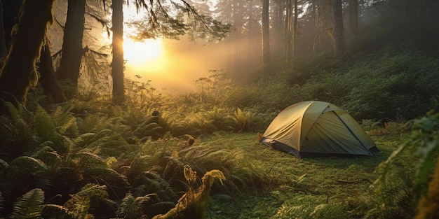 Una tienda de campaña en un bosque con el sol brillando a través de los árboles.