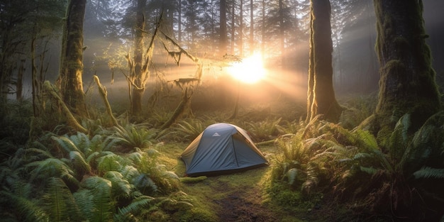 Una tienda de campaña en un bosque con el sol brillando a través de los árboles.