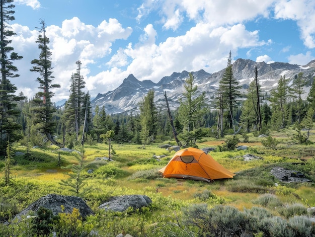 Una tienda de campaña en un campo con una montaña como telón de fondo