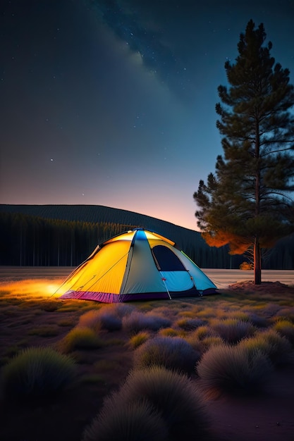 Tienda de campaña en el campo por la noche