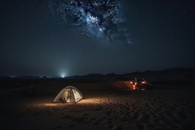 Tienda de campaña bajo el desierto bajo el cielo estrellado