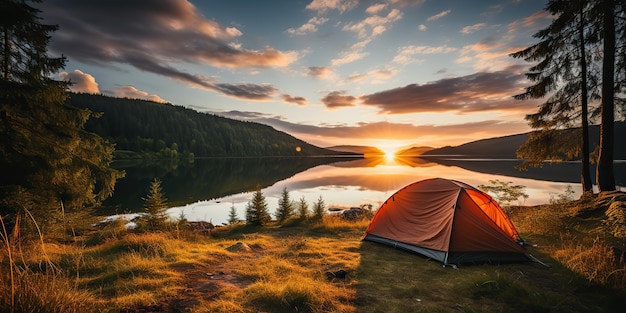 Tienda de campaña generativa de IA generada por IA para acampar en el hermoso paisaje del lago