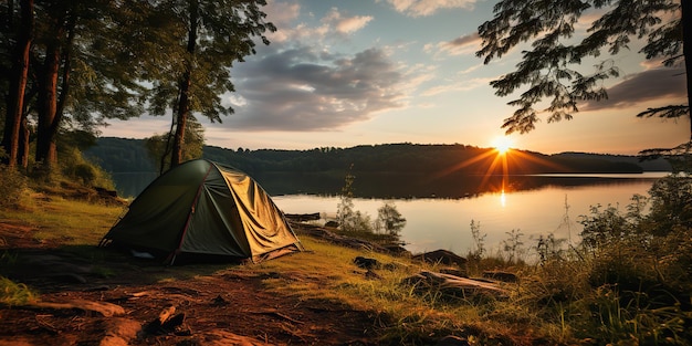 Tienda de campaña generativa de IA generada por IA para acampar en el hermoso paisaje del lago