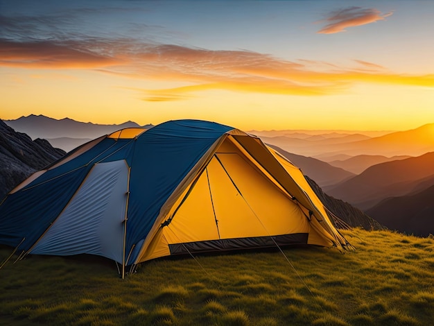 Tienda de campaña en lo alto de las montañas al atardecer ai generativo