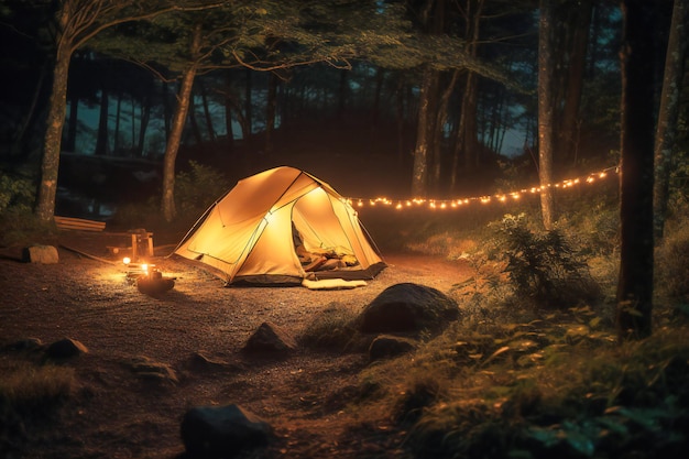 Una tienda de campaña con luces de camping instalada de noche.