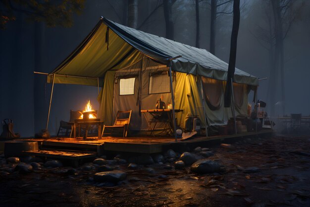 Foto tienda de campaña en medio del bosque por la noche a la luz de una fogata