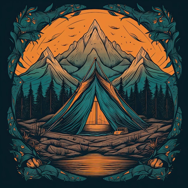 Tienda de campaña en las montañas Vector ilustración dibujada a mano Diseño de impresión de camiseta