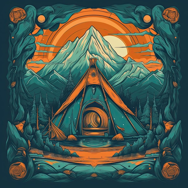 Tienda de campaña en las montañas Vector ilustración dibujada a mano Diseño de impresión de camiseta