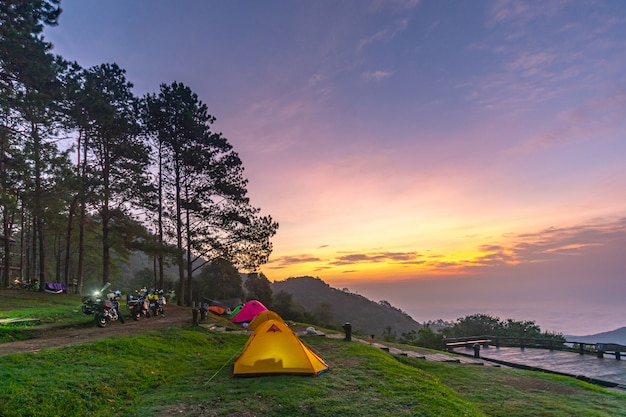 Tienda de campaña naranja en el Parque Nacional en el norte de Tailandia.