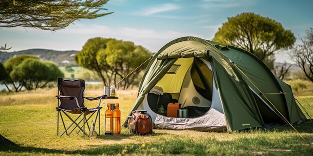 Tienda de campaña de naturaleza al aire libre generativa de IA generada por IA sobre césped Fondo de descanso de aventura