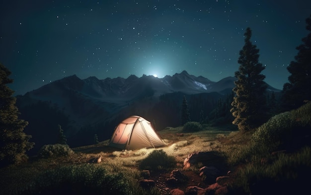 Una tienda de campaña en la noche verano bosque montañas camping lugar ai generado