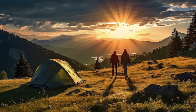 Tienda de campaña durante el otoño acampando en las montañas.