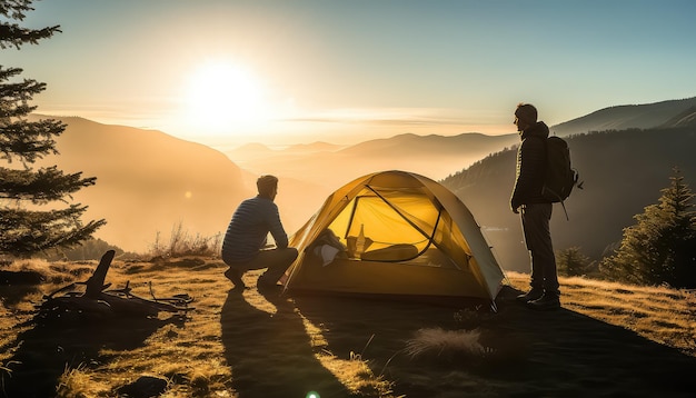 Tienda de campaña durante el otoño acampando en las montañas.