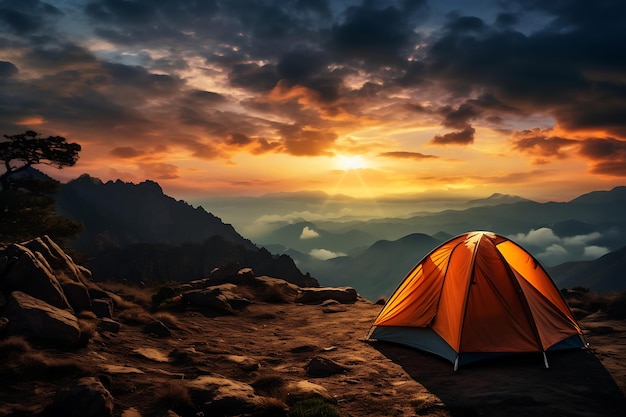 Tienda de campaña con un paisaje de ensueño acampando en un mundo de maravillas foto de camping