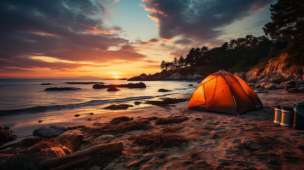 Tienda de campaña en la playa al atardecer