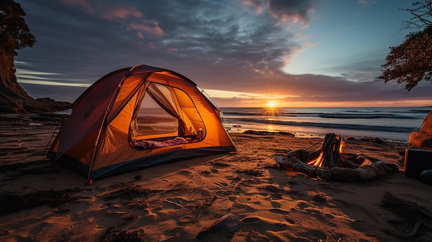 Tienda de campaña en la playa al atardecer