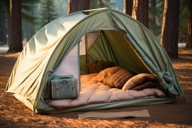 Tienda de campaña con puerta abierta que revela un acogedor saco de dormir y una almohada creados con IA generativa.