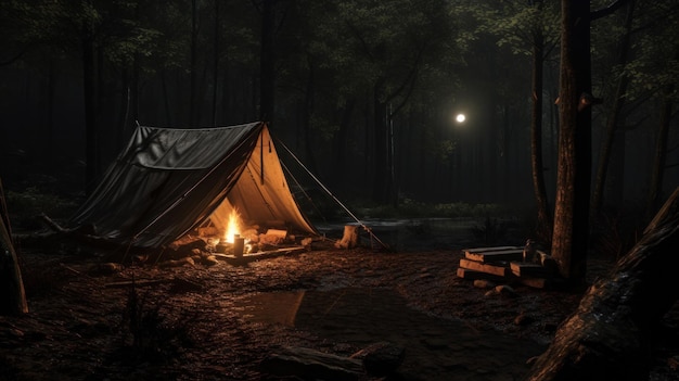 Tienda de campaña solitaria en el bosque durante la noche.