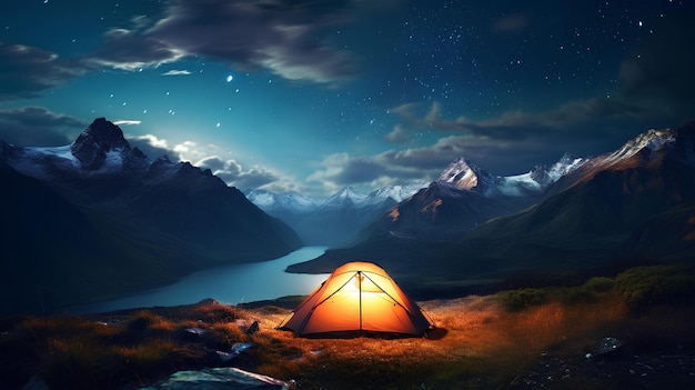 Foto una tienda de campaña en un valle por la noche montañas en la distancia cielo despejado noche estrellada lechosa