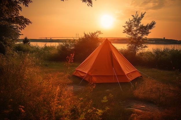 Tienda camper con un lago de fondo durante la puesta de sol IA generativa