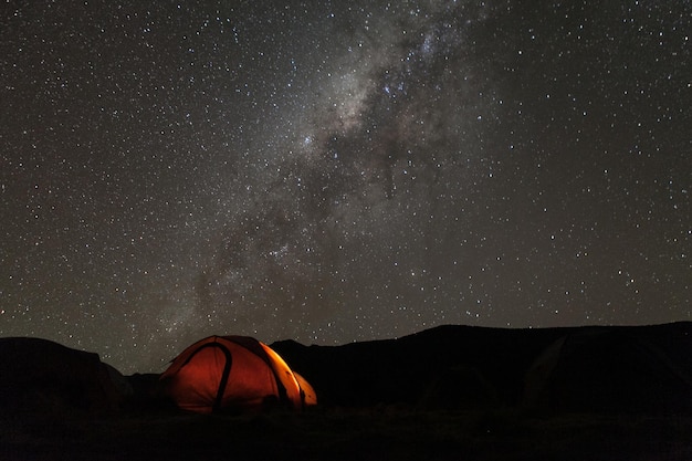 Tienda en el campo contra el campo de estrellas