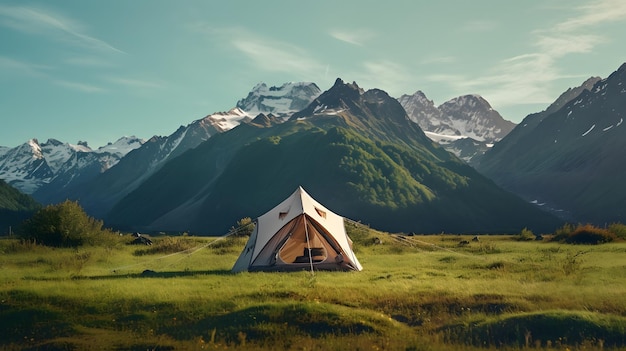 Foto una tienda en un campo con montañas en el fondo