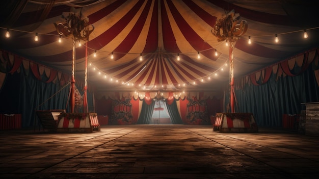 Foto una tienda de circo en una habitación oscura en el estilo de paisajes fotorrealistas clowncore