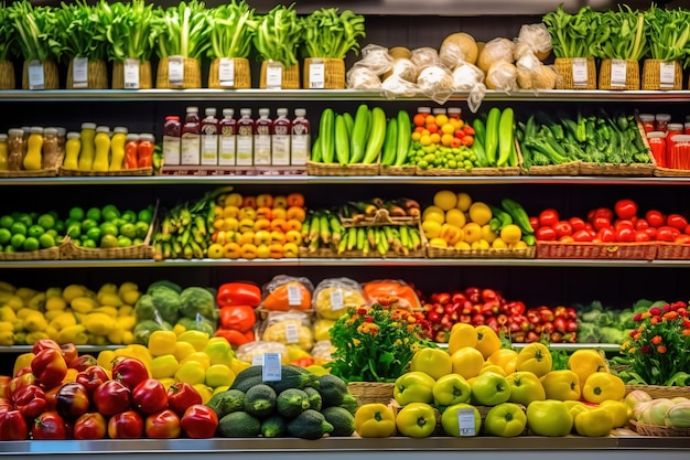 Una tienda de comestibles con un estante lleno de verduras y una botella de vino tinto.