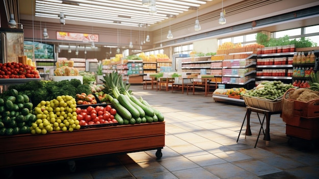 una tienda de comestibles con una gran exhibición de frutas y verduras