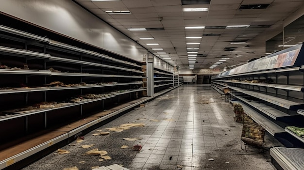 Una tienda de comestibles ha sido abandonada y tiene muchos escombros en el piso.