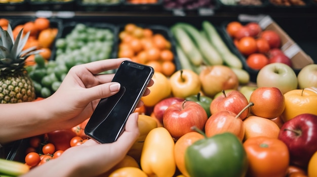 Tienda de comestibles en línea Teléfono con una mano en el fondo