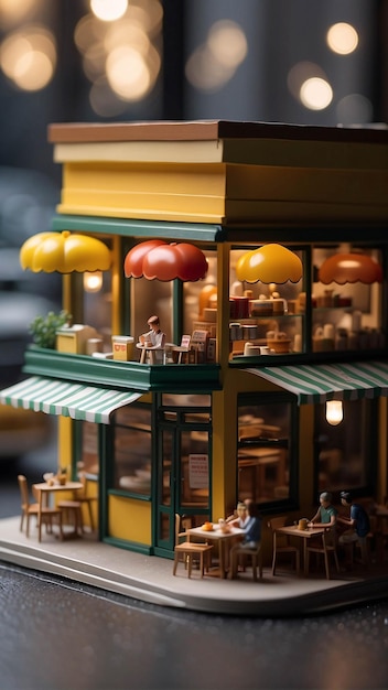 Tienda de comida rápida Diorama Hombre comiendo hamburguesa patatas fritas Restaurante interior Microfotografía en miniatura