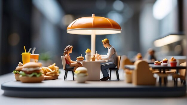 Tienda de comida rápida Diorama Hombre comiendo hamburguesa patatas fritas Restaurante interior Microfotografía en miniatura