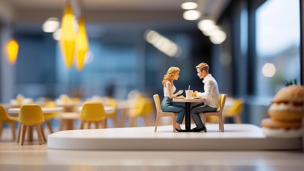 Tienda de comida rápida Diorama Hombre comiendo hamburguesa patatas fritas Restaurante interior Microfotografía en miniatura