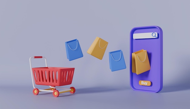 Tienda de compras en línea en teléfono inteligente con carrito de compras y bolsas en fondo púrpura