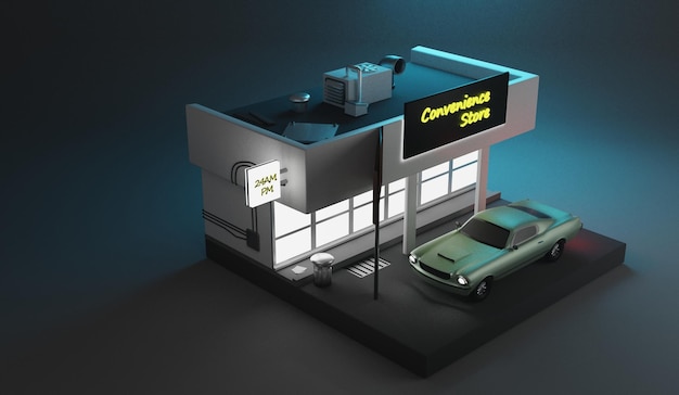 Tienda de conveniencia isométrica con automóvil Lowpoly 3D rendering