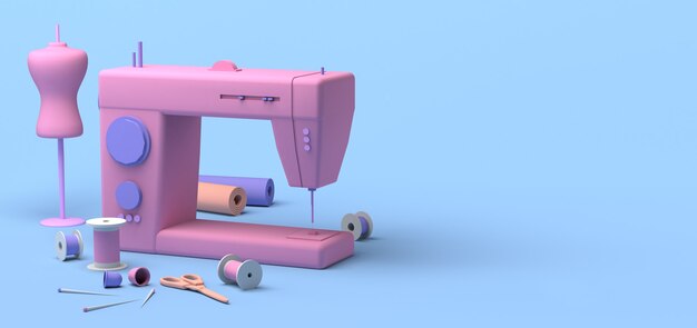 Tienda de costura y moda. Máquina de coser de diseñador de moda. Copie el espacio. Ilustración 3D.