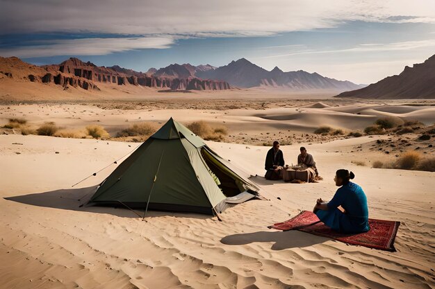 una tienda en el desierto con montañas en el fondo