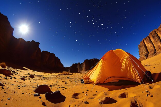 tienda en el desierto por la noche con el cielo estrellado y la luna