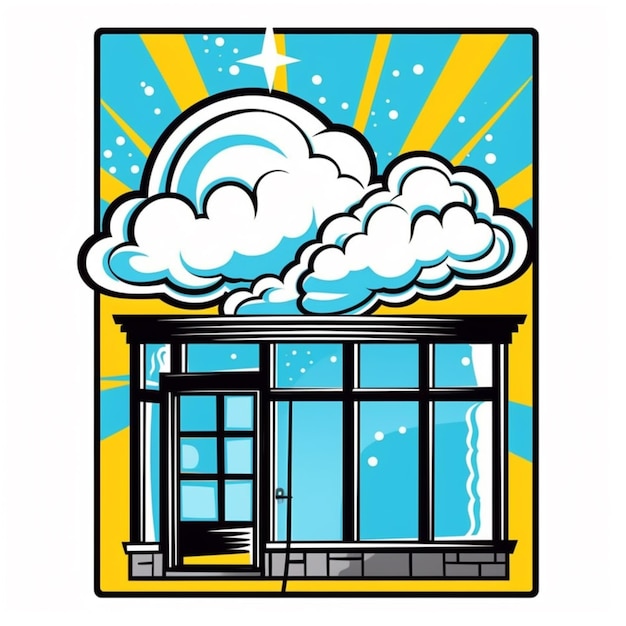 Una tienda de dibujos animados con una nube en la ventana y un rayo de sol generativo.
