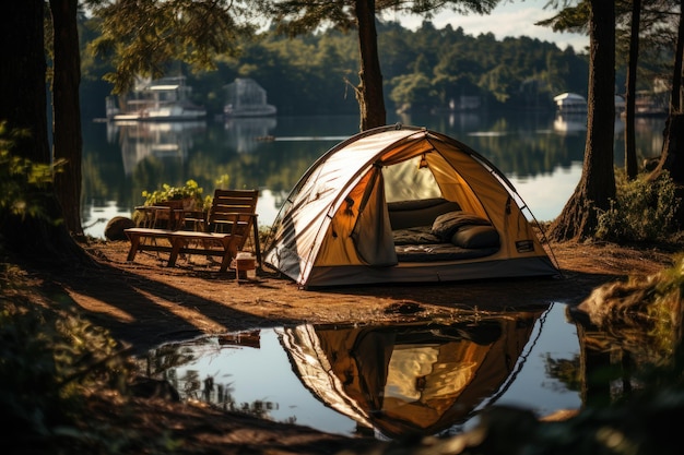 Tienda para dormir bajo el pinar junto al lago