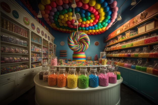 Una tienda de dulces con un arcoíris de dulces