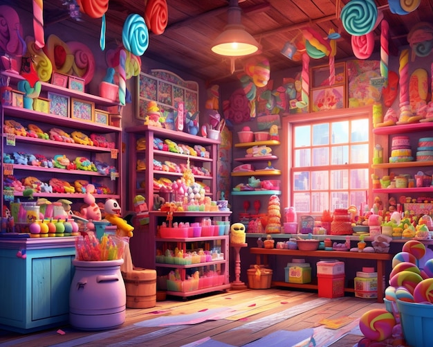 Tienda de dulces de colores brillantes con muchos dulces y piruletas ai generativo